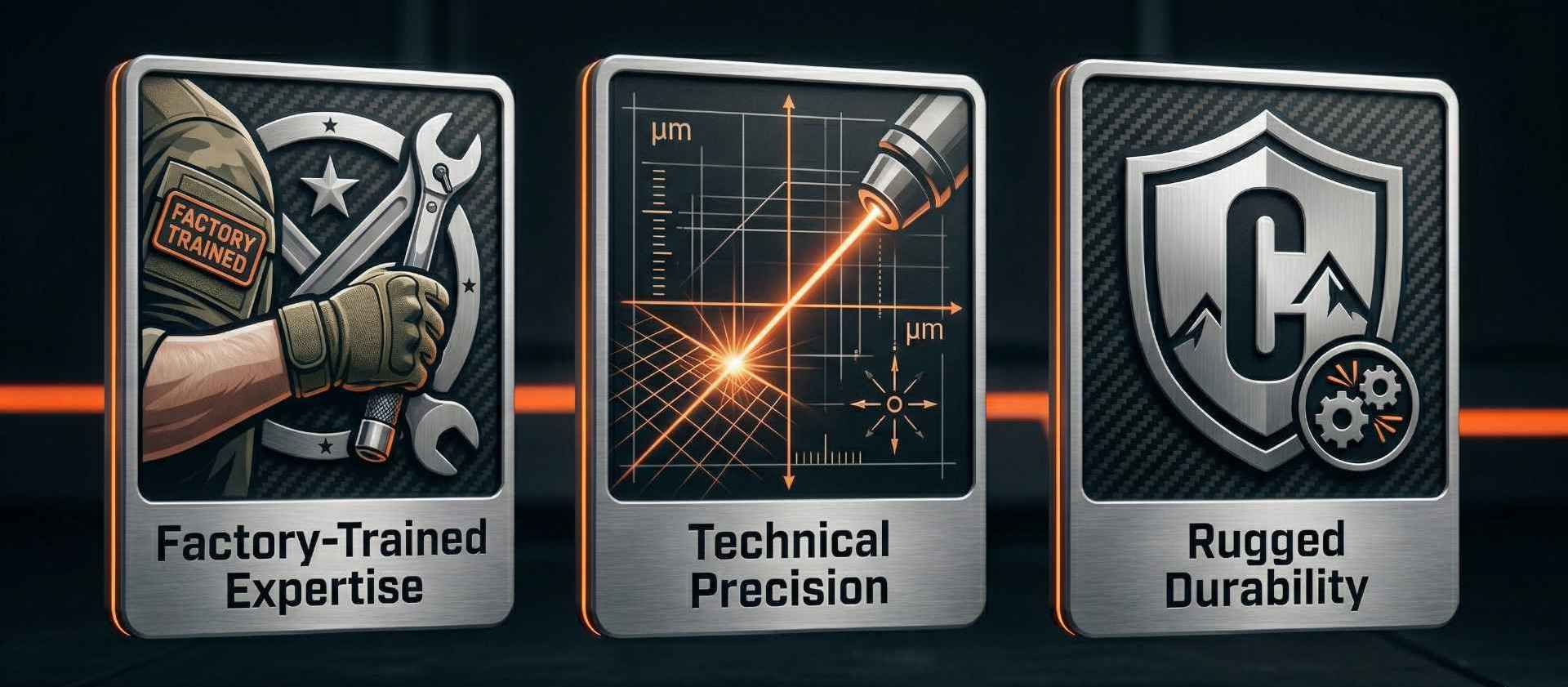 Three icon-based cards representing expertise, precision, and durability.