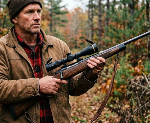 A close-up shows a person holding a hunting rifle in an outdoor setting. The individual is wearing a brown jacket and a red and black flannel shirt, gripping the gun with both hands. The rifle is equipped with a scope.